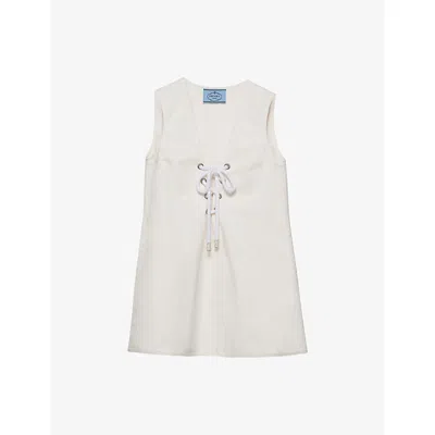 Prada Womens White Front-tie V-neck Cotton Mini Dress