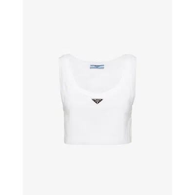 PRADA WOMENS WHITE LOGO-PLAQUE CROPPED COTTON-JERSEY TANK TOP