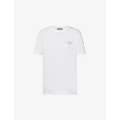 Prada Womens White Logo-plaque Crystal-embellished Cotton T-shirt