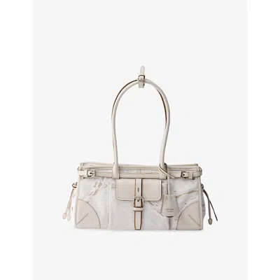 Prada Womens White Medium Bonnie Linen And Leather Shoulder Bag