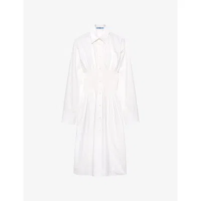 PRADA WOMENS WHITE SMOCKING--STITCHED LONG-SLEEVED COTTON-CANVAS MIDI DRESS