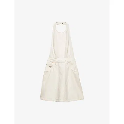 PRADA WOMENS WHITE TRIANGLE-LOGO OPEN-BACK DENIM MINI DRESS