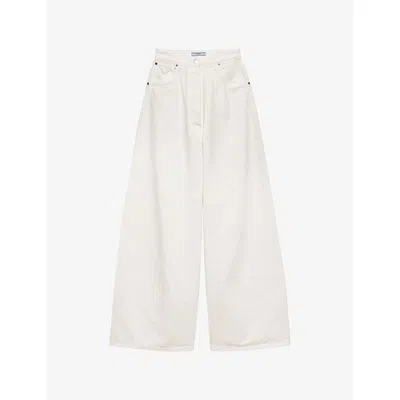 PRADA WOMENS WHITE TRIANGLE-LOGO PALAZZO HIGH-RISE DENIM JEANS