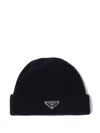 Prada Mens Blue Brand-plaque Cashmere And Wool-blend Beanie Hat In Brown