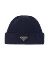 Prada Triangle-logo Wool-cashmere Beanie In Blue