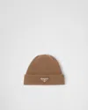 Prada Mens Brown Brand-plaque Cashmere And Wool-blend Beanie Hat In Camel Brown