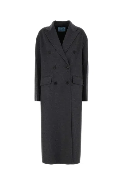 Prada Dark Grey Double-breasted Coat In Gray