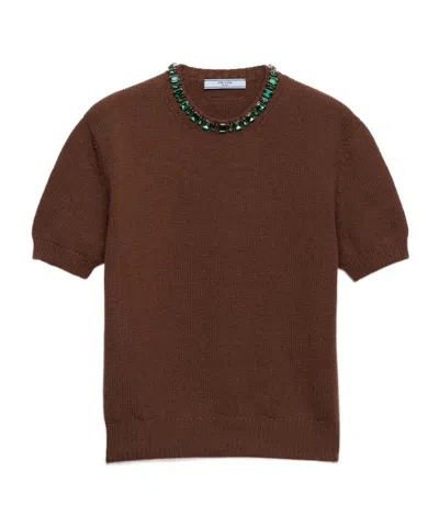 Prada Wool And Cashmere Crew-neck Sweater In Brown