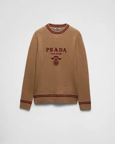 Prada Rundhalspullover Aus Wolle Und Kaschmir In Kamel/amaranth