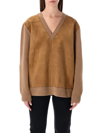 Prada Wool And Cashmere Sweater With Lambskin Front In Brown