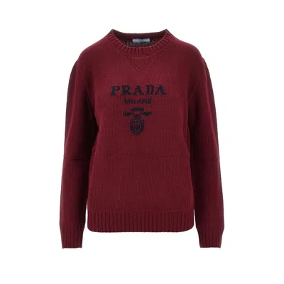Prada Wool And Cashmere Sweater With Logo In Burgundy