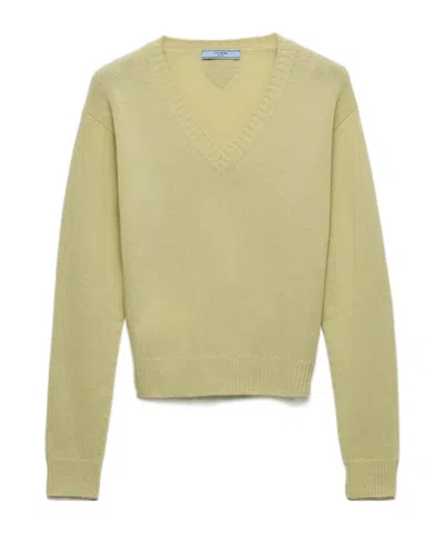Prada Wool And Cashmere V-neck Sweater In Yellow