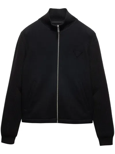 Prada Stretch Wool Blend Cardigan With Front Pockets In Black