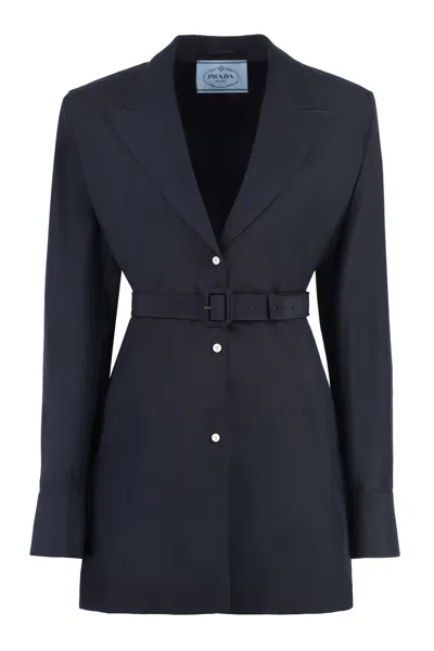 Prada Waist Belted Long Sleeve Jacket In Blue