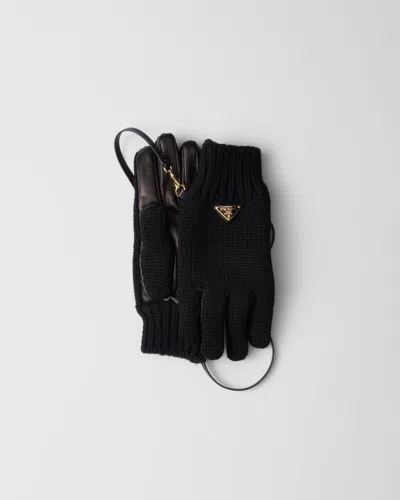 Prada Wool And Nappa Leather Gloves In Black