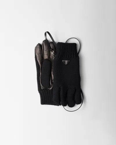 Prada Handschuhe Aus Wolle Und Nappa-leder In Schwarz