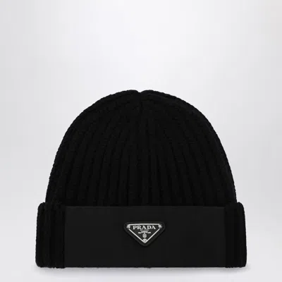 Prada Wool And Re-nylon Hat With Triangle Logo In Black