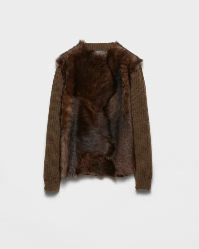 Prada Wool And Shearling Sweater In Brown