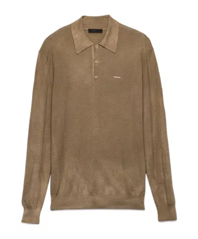 Prada Wool And Silk Polo Sweater In Brown