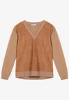 Prada Wool And Suede V-neck Sweater In Brown