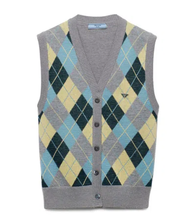 Prada Jacquard Argyle Superfine Wool Vest In Grey