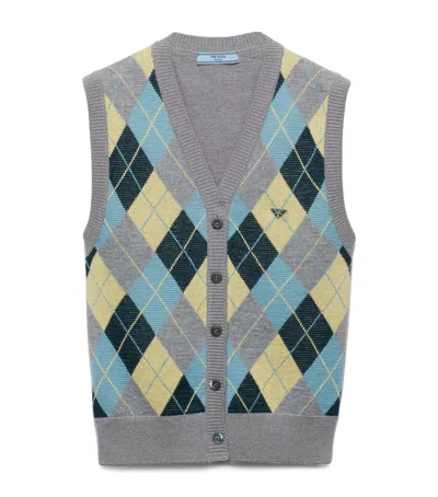 Prada Jacquard Argyle Superfine Wool Vest In Grey