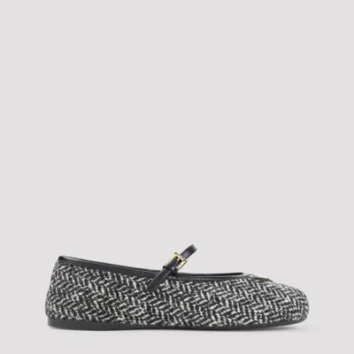 Prada Textured Wool Mary Jane Ballerina Flats In Brown