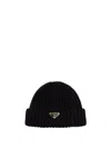 Prada Wool Beanie Hat Folded Cuff In Black