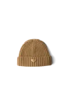 Prada Womens Brown Logo-embellished Knitted Wool Beanie In Camel Brown