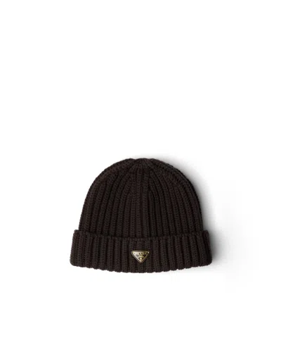 Prada Wool Beanie In Dark Brown