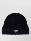Prada Wool Beanie Hat Folded Brim Ribbed Design In Brown