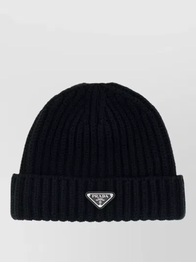 Prada Wool Beanie Hat Folded Brim Ribbed Design In Brown