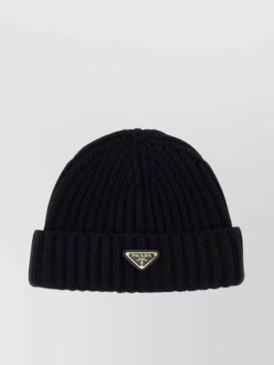 Prada Wool Beanie Hat Folded Cuff In Black