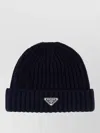 Prada Wool Beanie Hat Folded Brim Ribbed Design In Brown