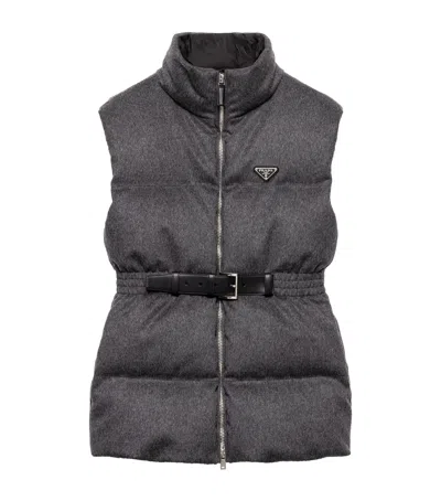 Prada Wool Belted Down Gilet In Gray