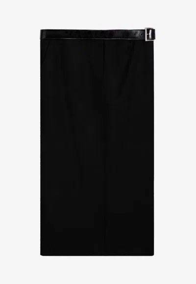 Prada Wool Belted Midi Skirt In Black