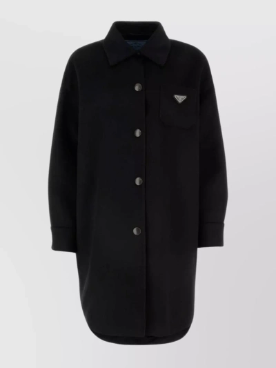 Prada Wool Blend Coat With Long Sleeves And Chest Pocket In Black