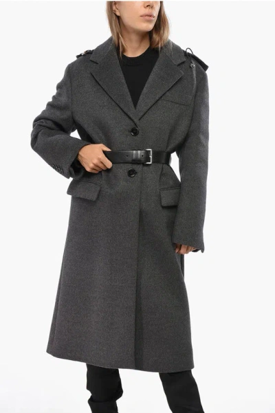 Prada Wool Blend Coat With Removable Hood In Gray