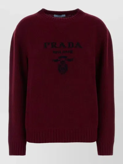 Prada Wool Blend Crew Neck Knit Sweater In Burgundy