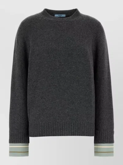 Prada Wool Blend Crew Neck Sweater Ribbed Cuffs In Gray