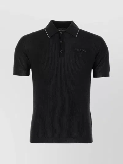 Prada Wool Blend Polo Shirt With Contrast Trim In Black