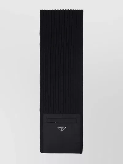Prada Wool Blend Ribbed Scarf With Zip Pocket In Black