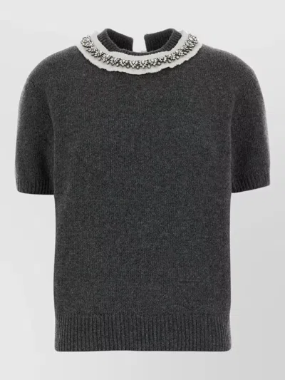 Prada Wool Blend Sweater Back Tie Detail In Gray