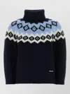 Prada Wool Blend Sweater Patterned Turtleneck Ribbed Trims In Black