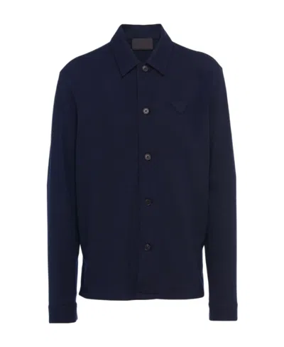Prada Wool Blended Logo Shirt In Blue