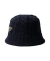 Prada Cable-knit Enamel-triangle Logo Bucket Hat In Blue