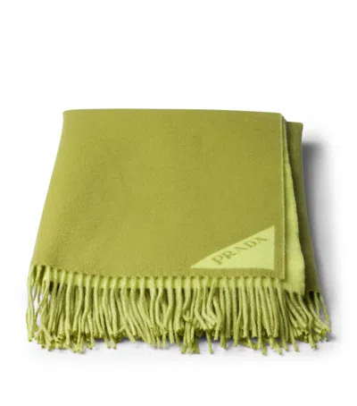 Prada Wool-cashmere Jacquard Logo Throw In Green