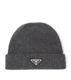 Prada Wool-cashmere Triangle Beanie In Grey