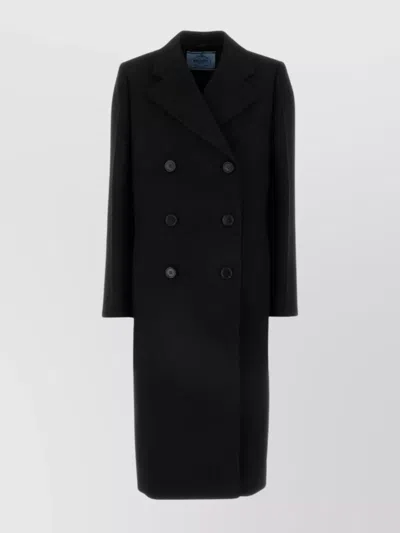 Prada Wool Coat With Double-breasted Design And Back Vent In Black