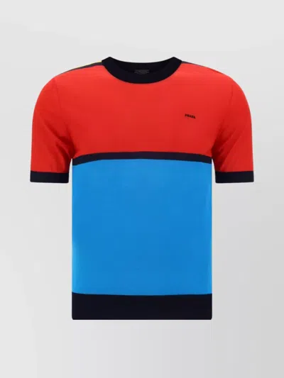 Prada Wool Color-block Short Sleeve T-shirt In Blue